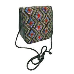Beaded evening bag black fabric shoulderbag purse retro red gold geometric beads